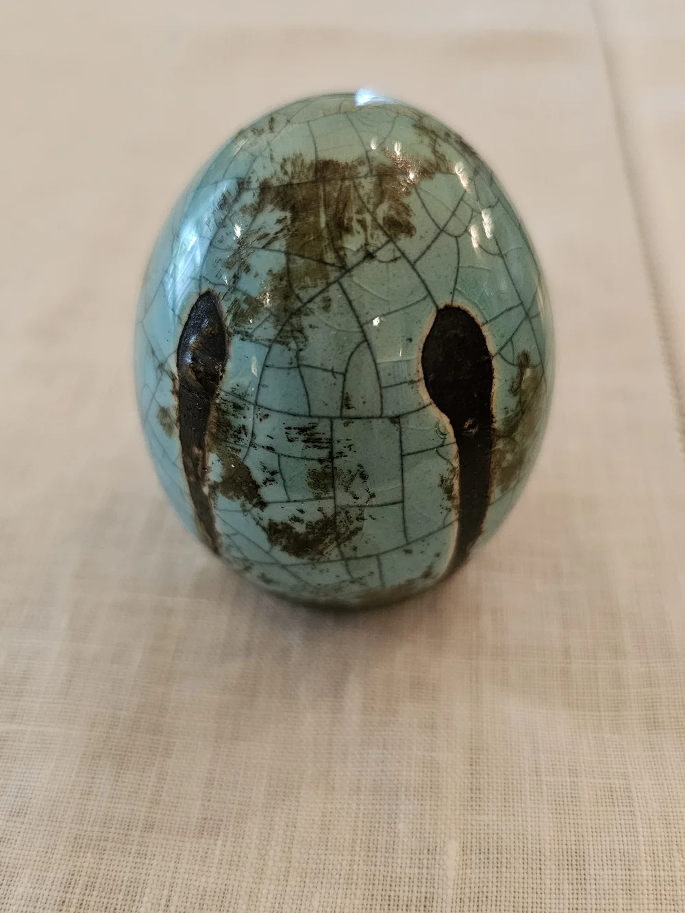 Vintage Houston Studio Art Pottery Turquoise Raku Crackle Glaze Ceramic Egg